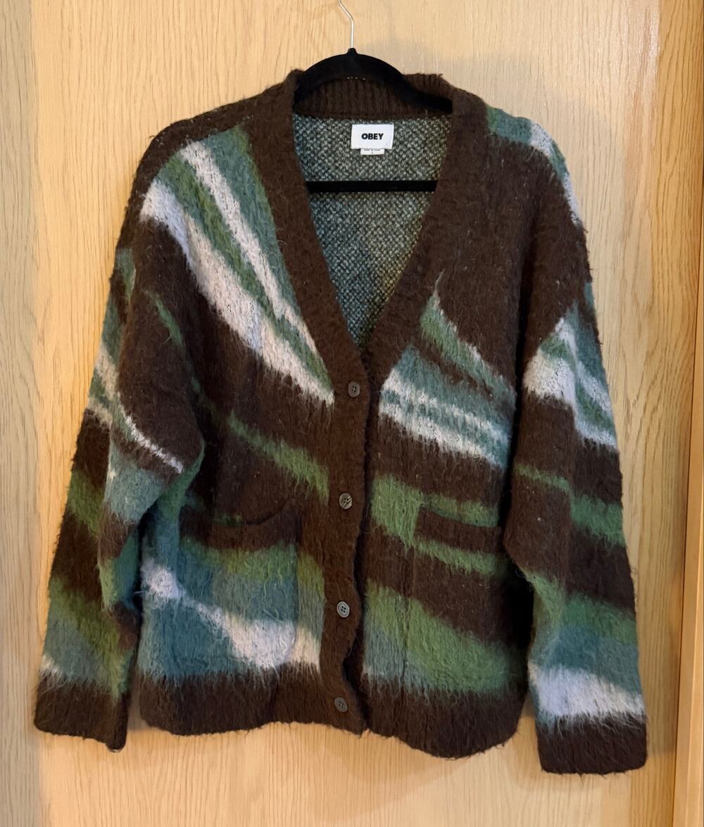OBEY Delirium Fuzzy Knit Cardigan Brown Green Wool Alpaca Size L
